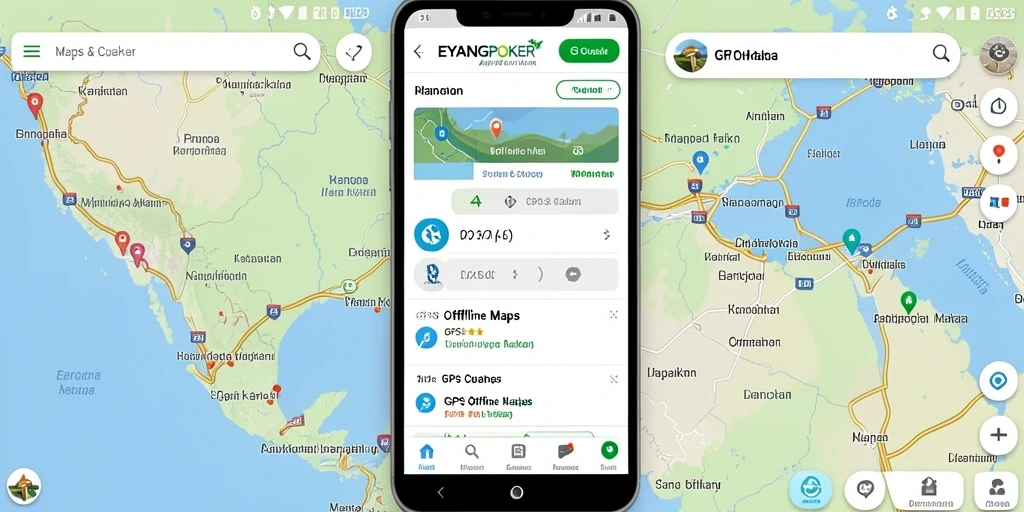 Tampilan antarmuka aplikasi EYANGPOKER dengan fitur GPS Offline Maps.